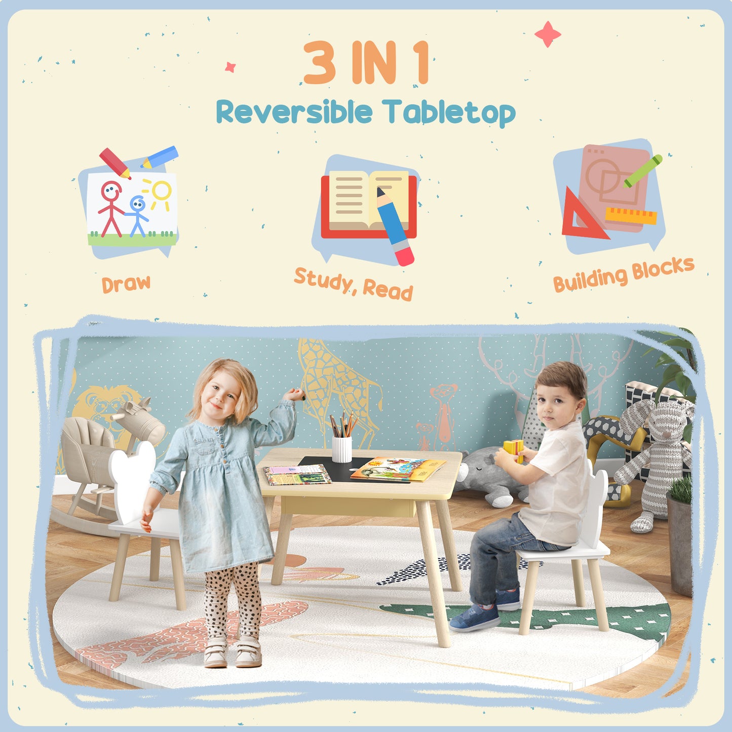 3-Piece Kids Table and Chairs Set with Convertible Desk