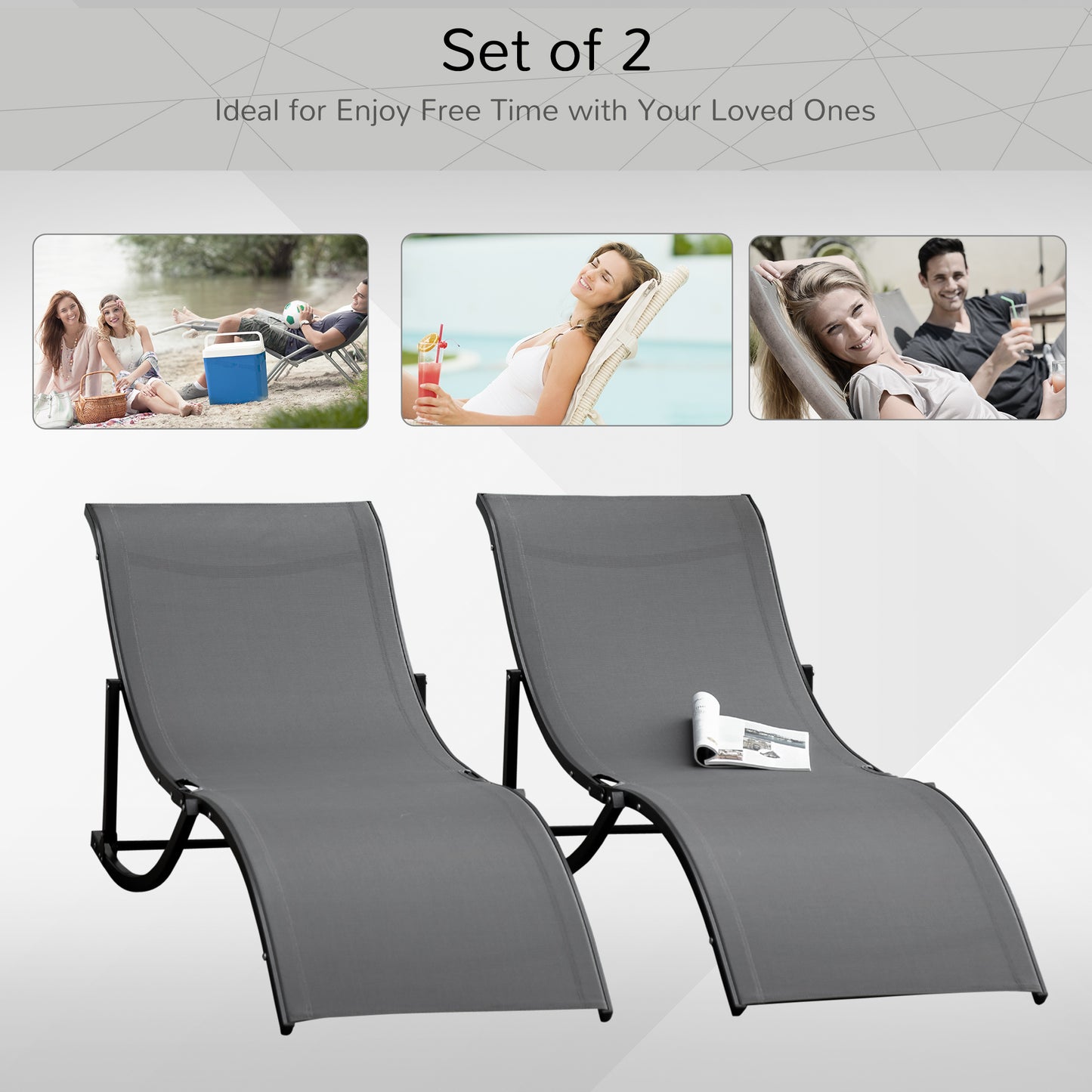 Set of 2 S-shaped Foldable Lounge Chair Sun Lounger Reclining