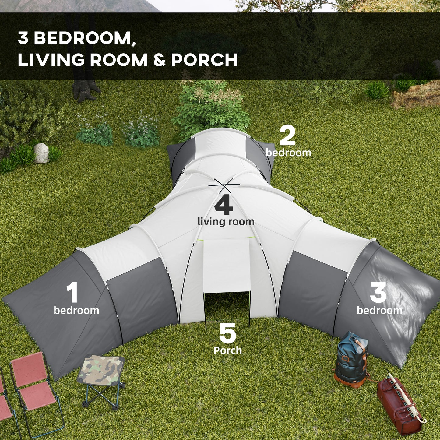 6-9 Man Tent with Bedrooms and Living Room, Accessories Included