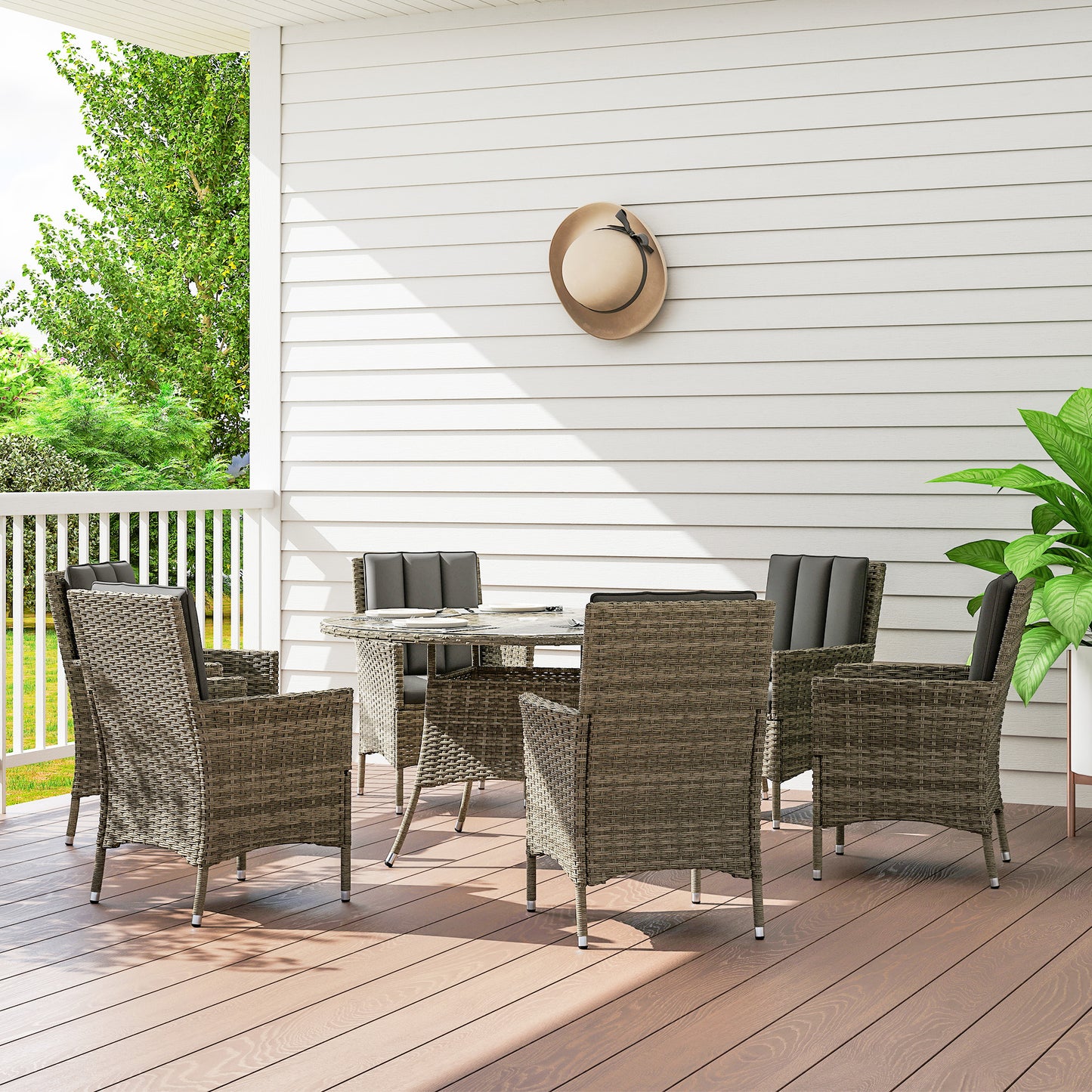 Seven-Piece Rattan Dining Table, with Round Glass-Top Table