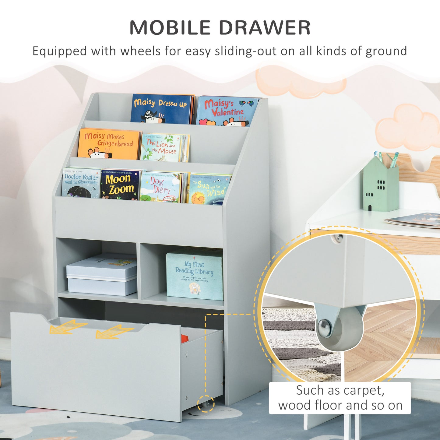 Kids Bookshelf, Toy Organiser, with Storage Drawer, Wheels