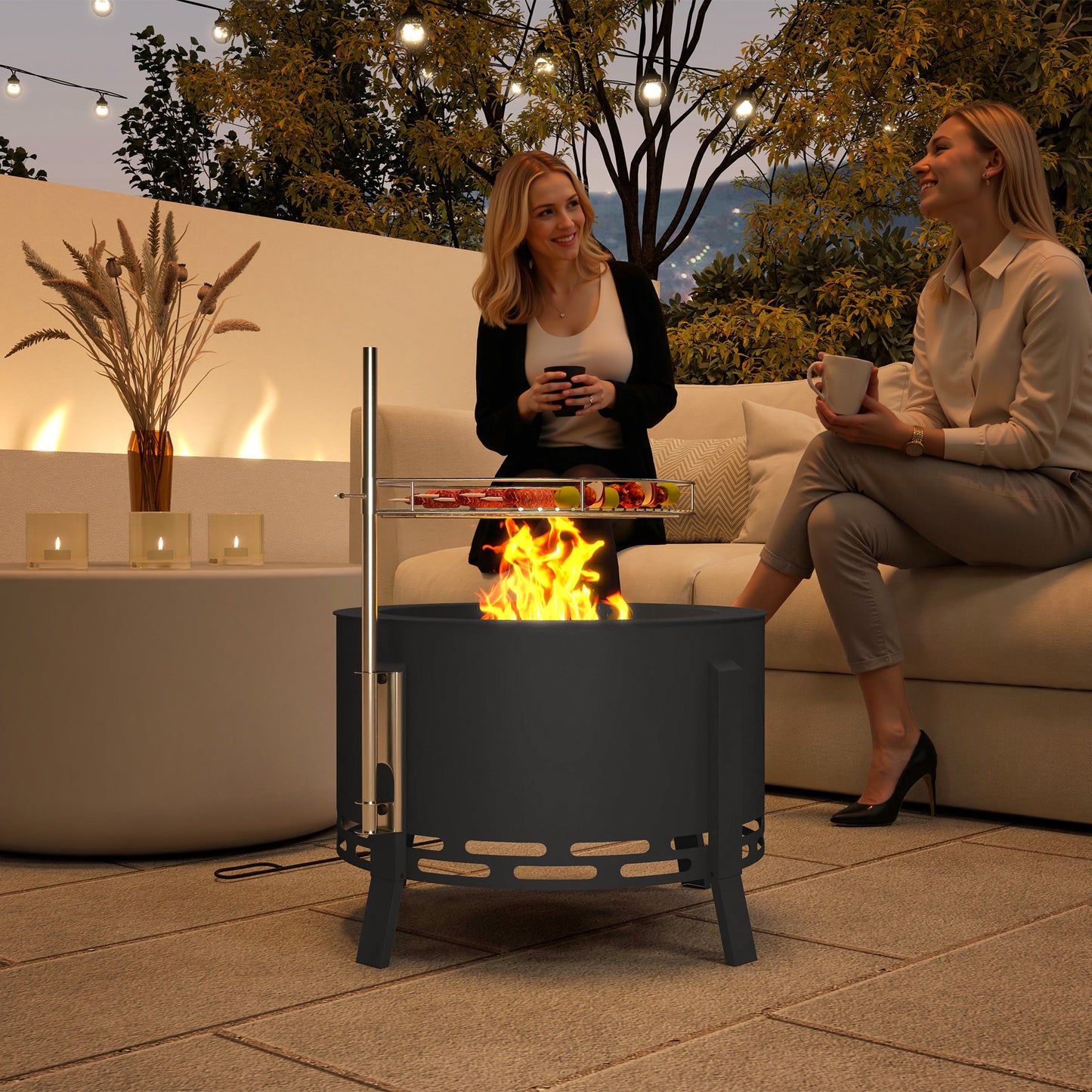 Portable Fire Pit, 58 cm Round Firepit with Grill Grate