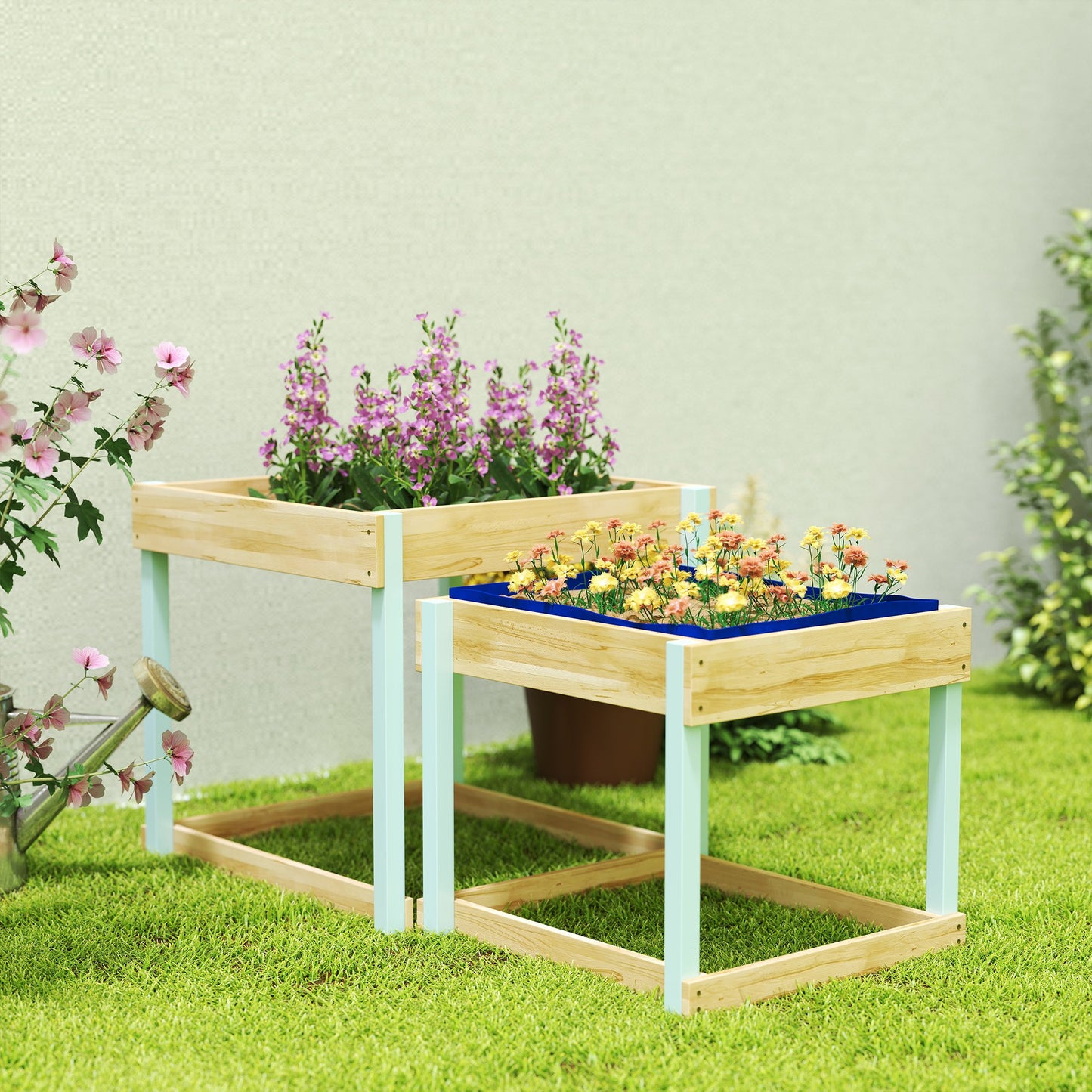 2 PCS Wooden Outdoor Sand and Water Play Tables with Bottom Liner