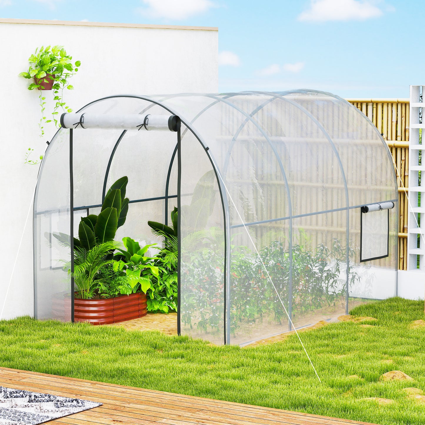 Polytunnel Greenhouse Walk-in Grow House with Plasric Cover, Door