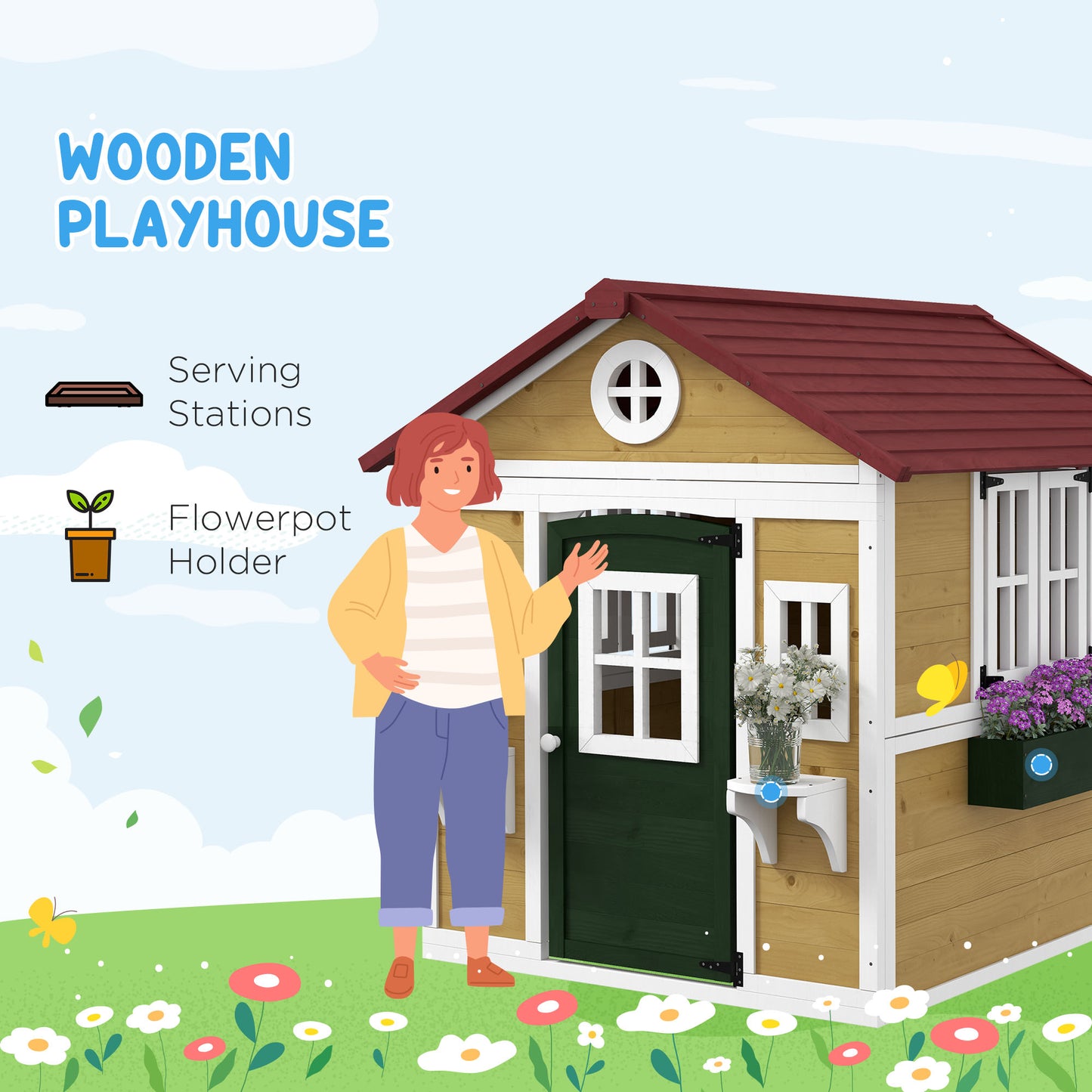 Wooden Playhouse with Doors, Windows, Plant Pots, Boxes, for 3-8 Years