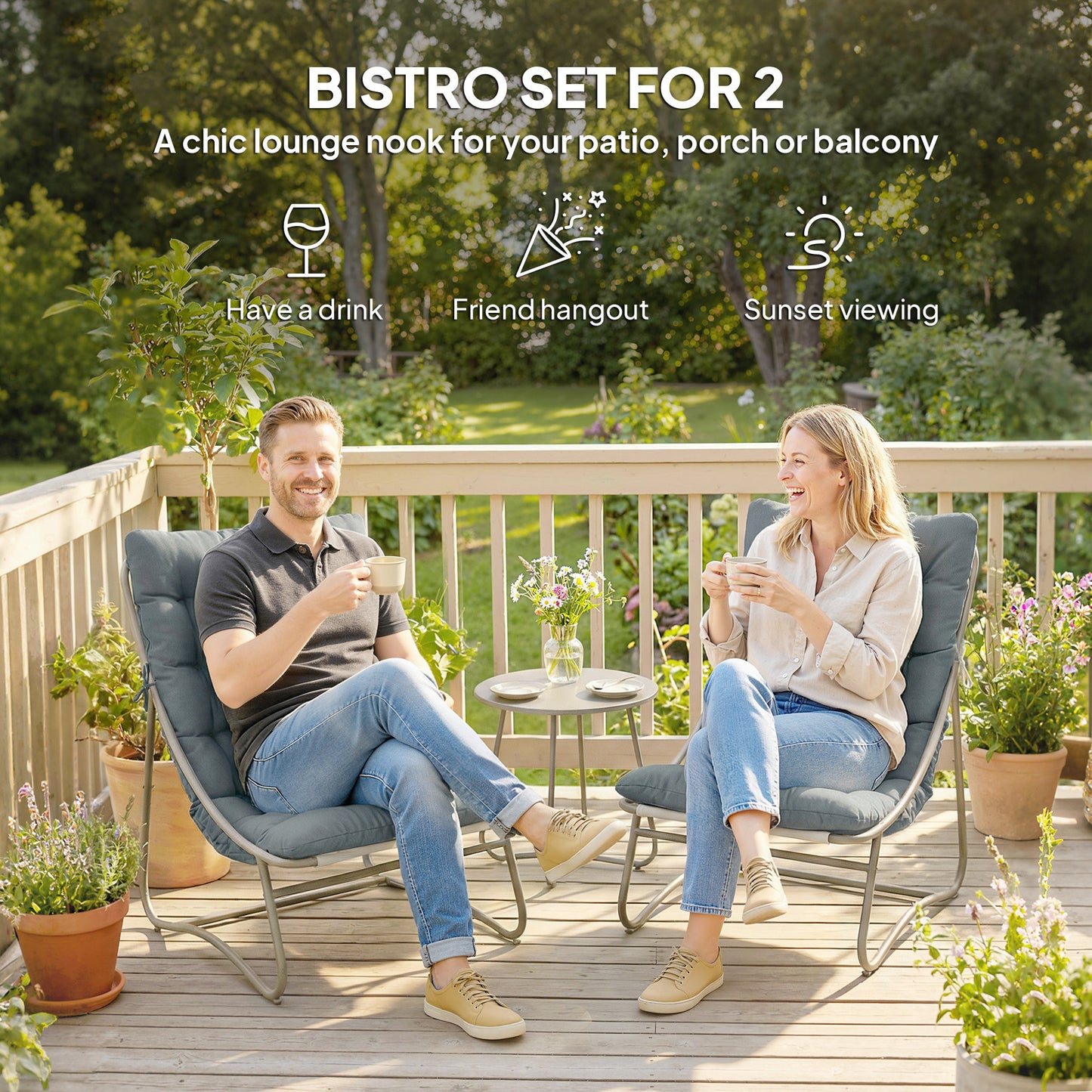 3 Piece Garden Bistro Set, Round Outdoor Bistro Table and Chairs Set