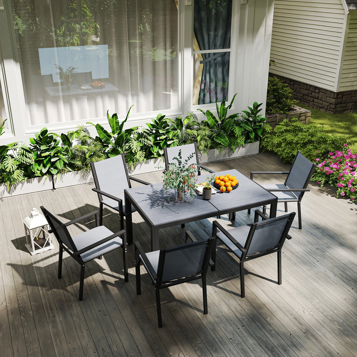 Seven-Piece Garden Dining Set, with Plastic Wood-Top Table
