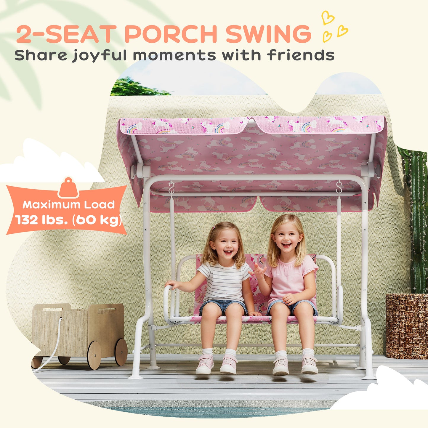 Kids Porch Swing, 2-Seater Patio Swing Bench Hammock with Seat Belts