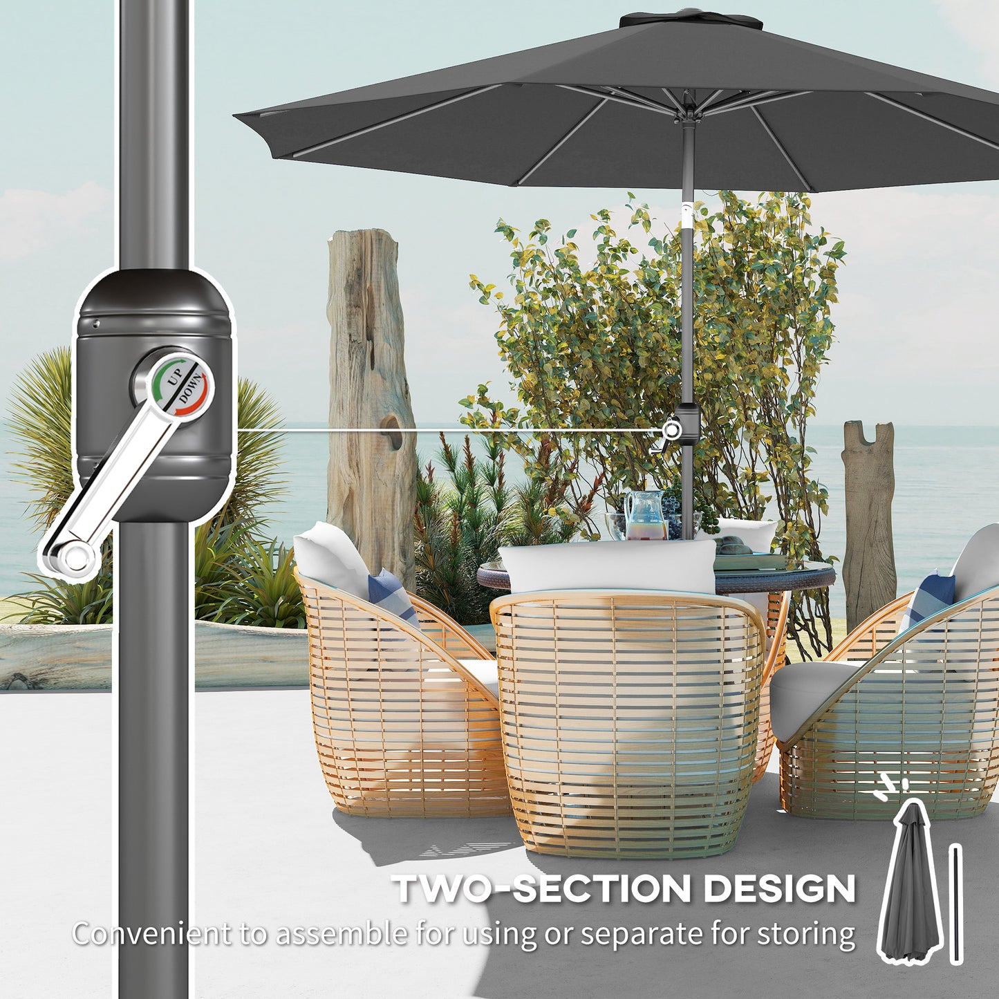 3(m) Tilting Parasol Garden Umbrellas, Outdoor Sun Shade with 8 Ribs
