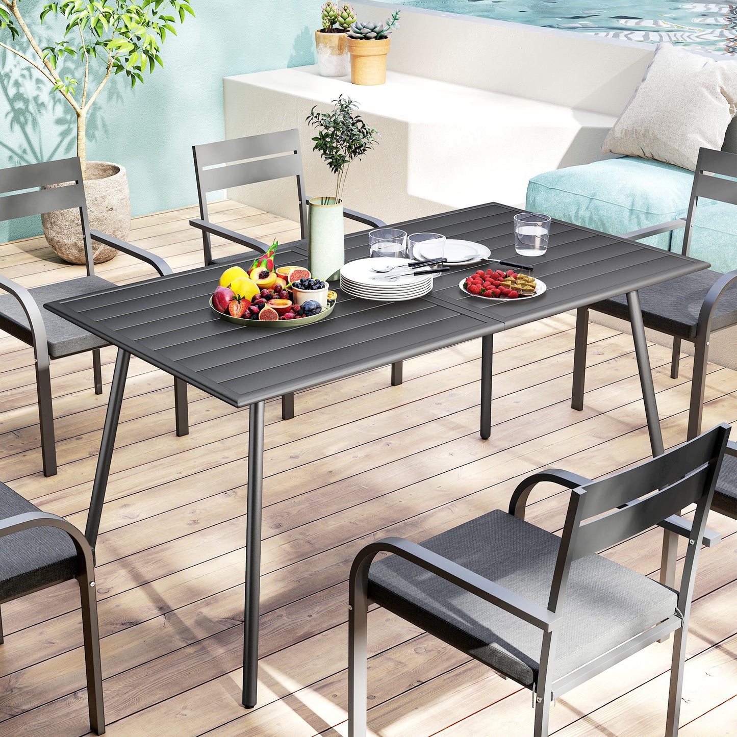 Rectangle Garden Table with Slat Top, Steel Frame