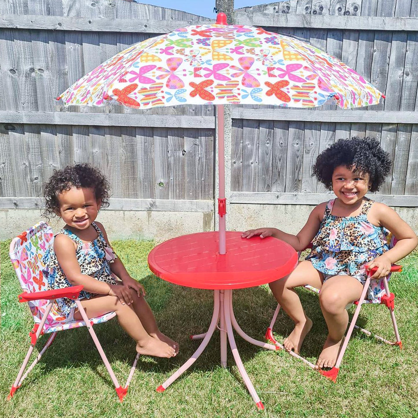 Kids Outdoor Bistro Table and Chair Set Butterfly Pattern Garden