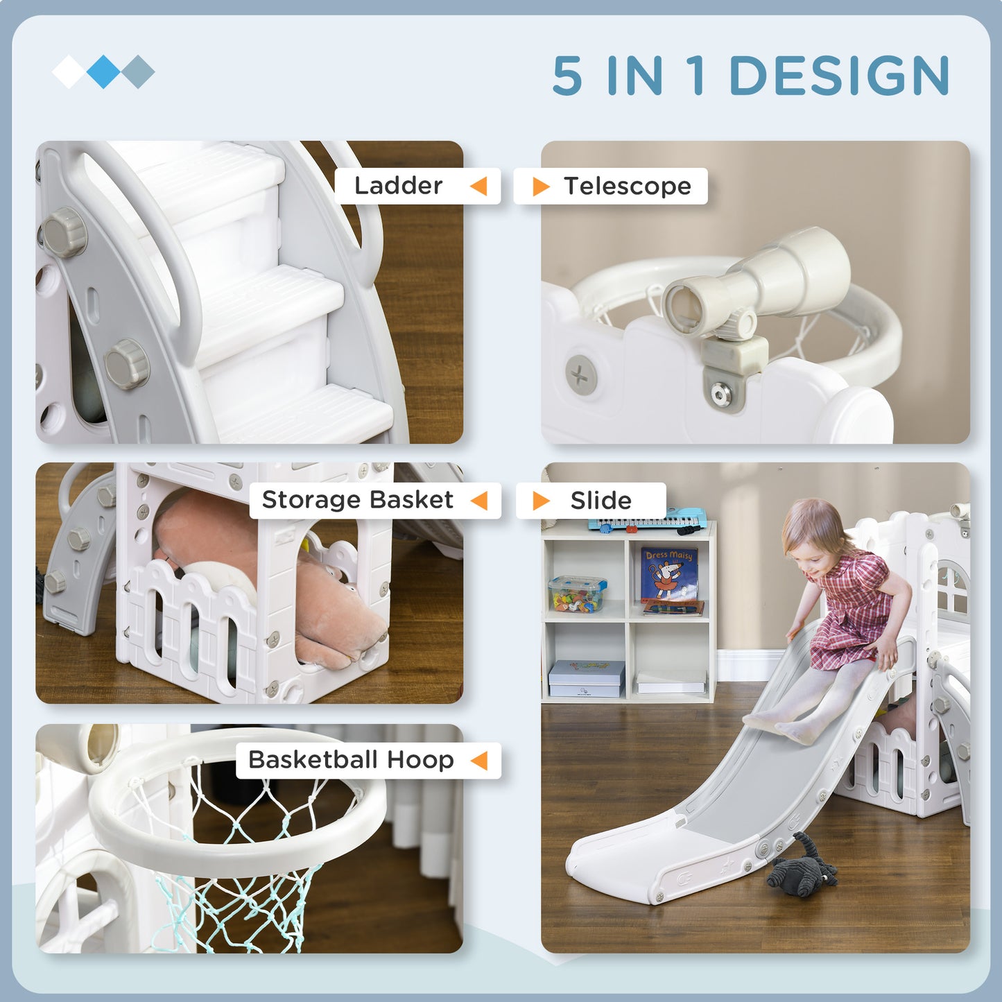 5 in 1 Toddler Slide with Basketball Hoop, Climber, Telescope