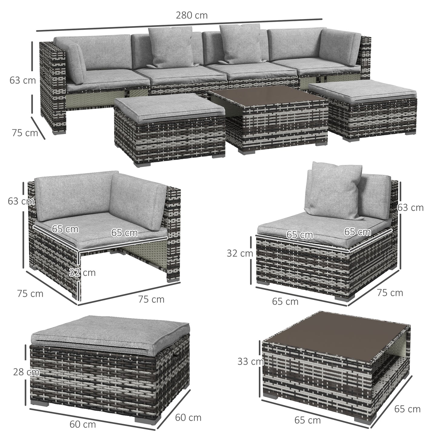 Seven-Piece Rattan Patio Furniture Set, with Cushions