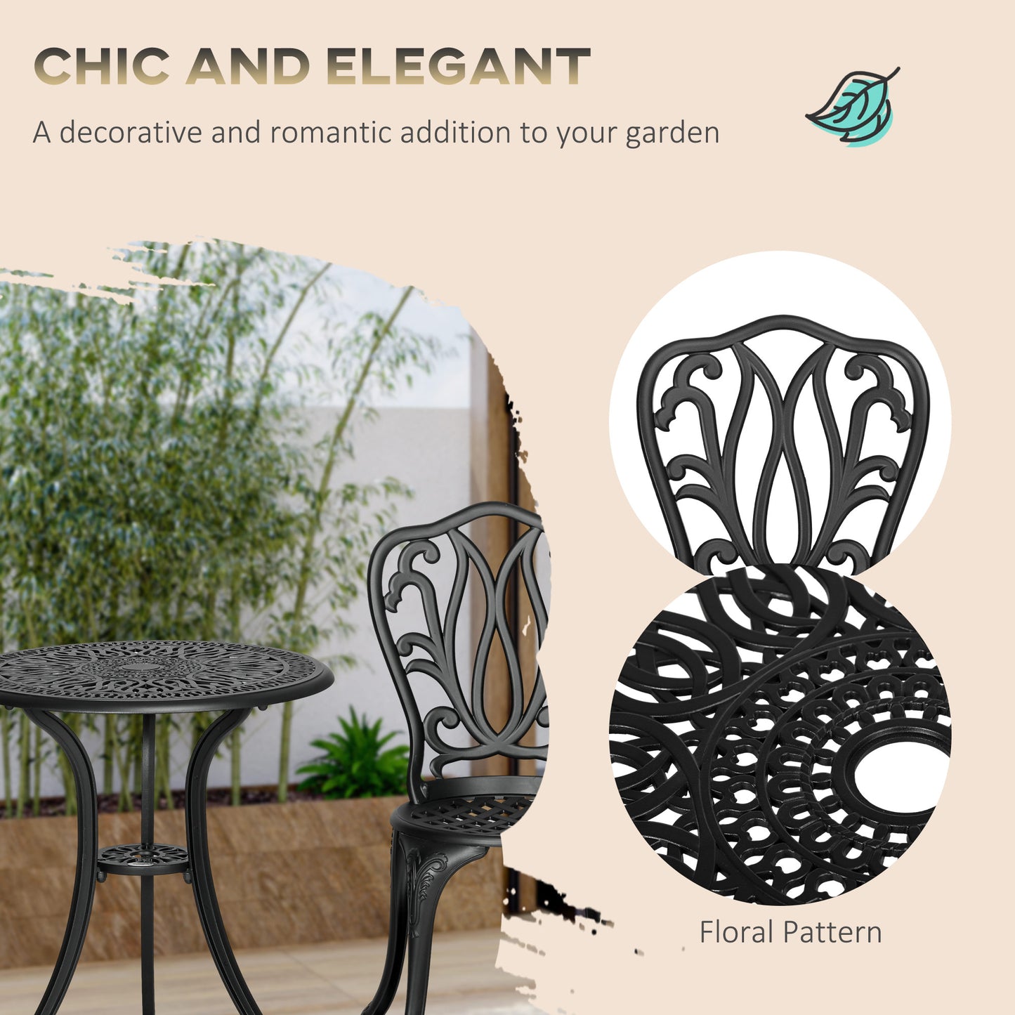 3 Piece Garden Bistro Set, Cast Aluminium Outdoor Furniture Set