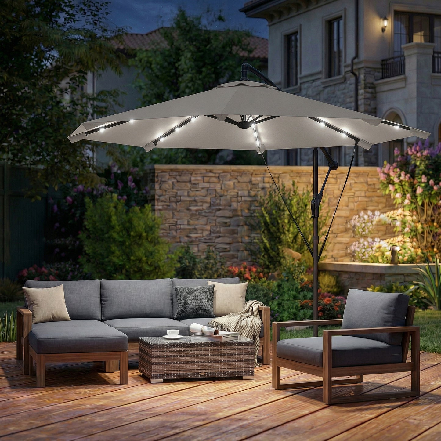 3 m Cantilever Parasol with Solar LED Lights Garden Umbrella