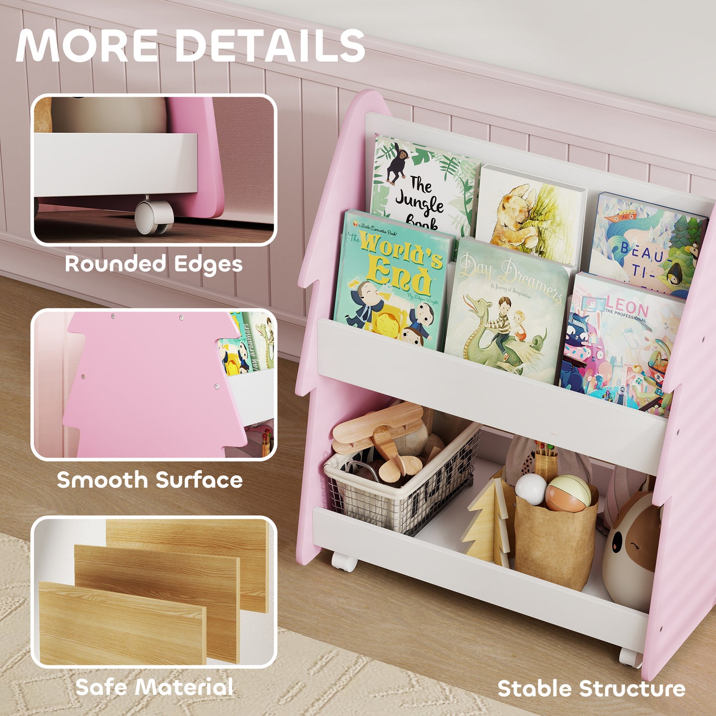 Kids Bookshelf with Toy Storage, Double-Sided Bookcase with Wheels