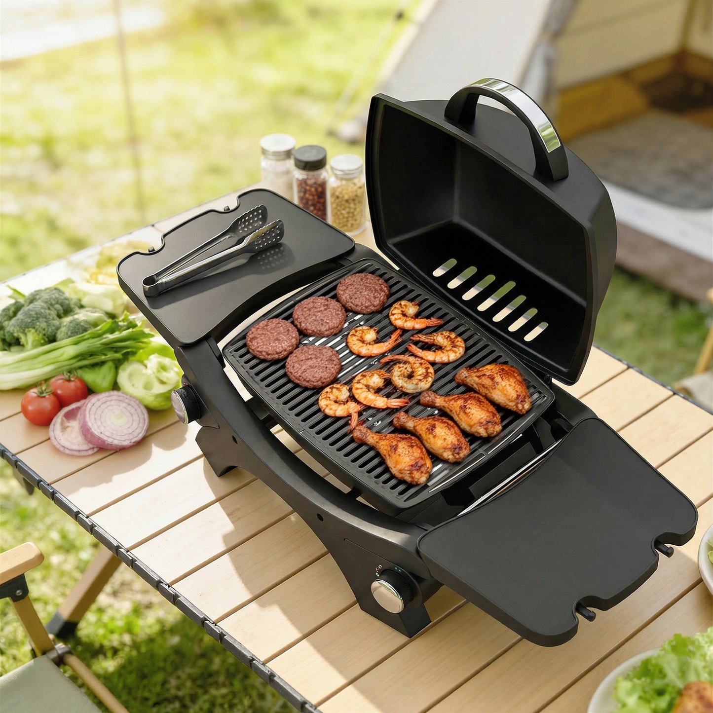 2 Burner Gas Grill with 2 Detachable Side Tables