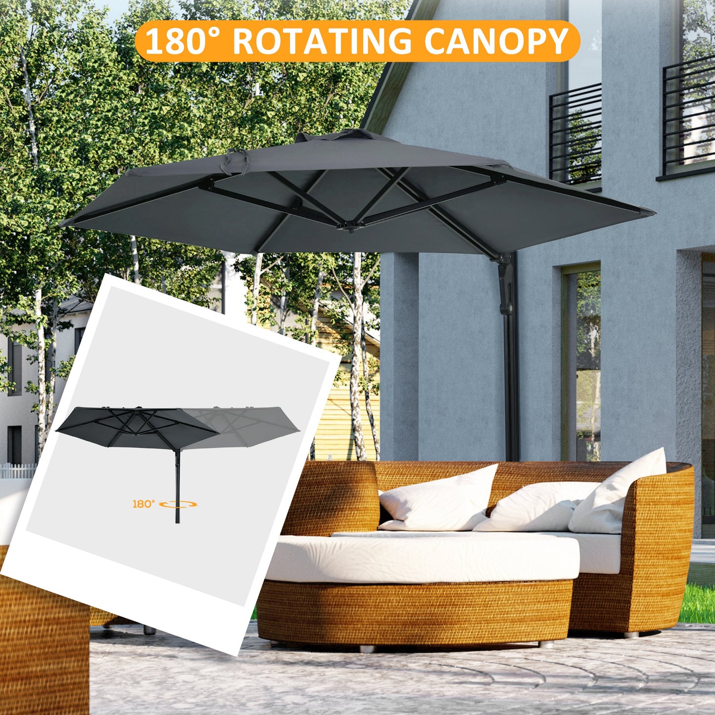 2.5m Wall Mounted Parasol, Hand to Push Outdoor Patio Umbrella