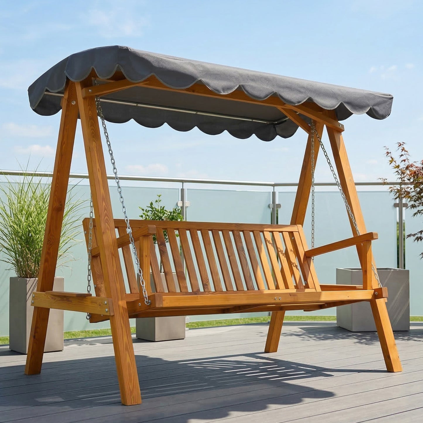 3 Seater Garden Swing Seat with Canopy, Wooden Swing Chair