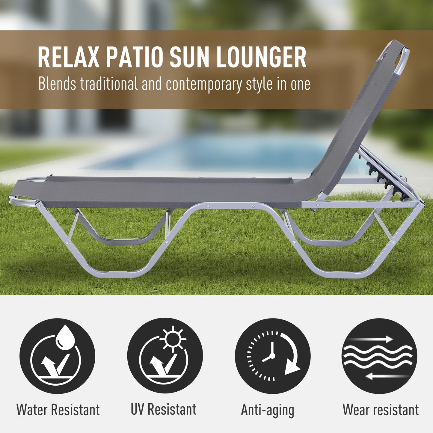 Sun Lounger Relaxer Recliner w/ 5-Position Adjustable Backrest Pool