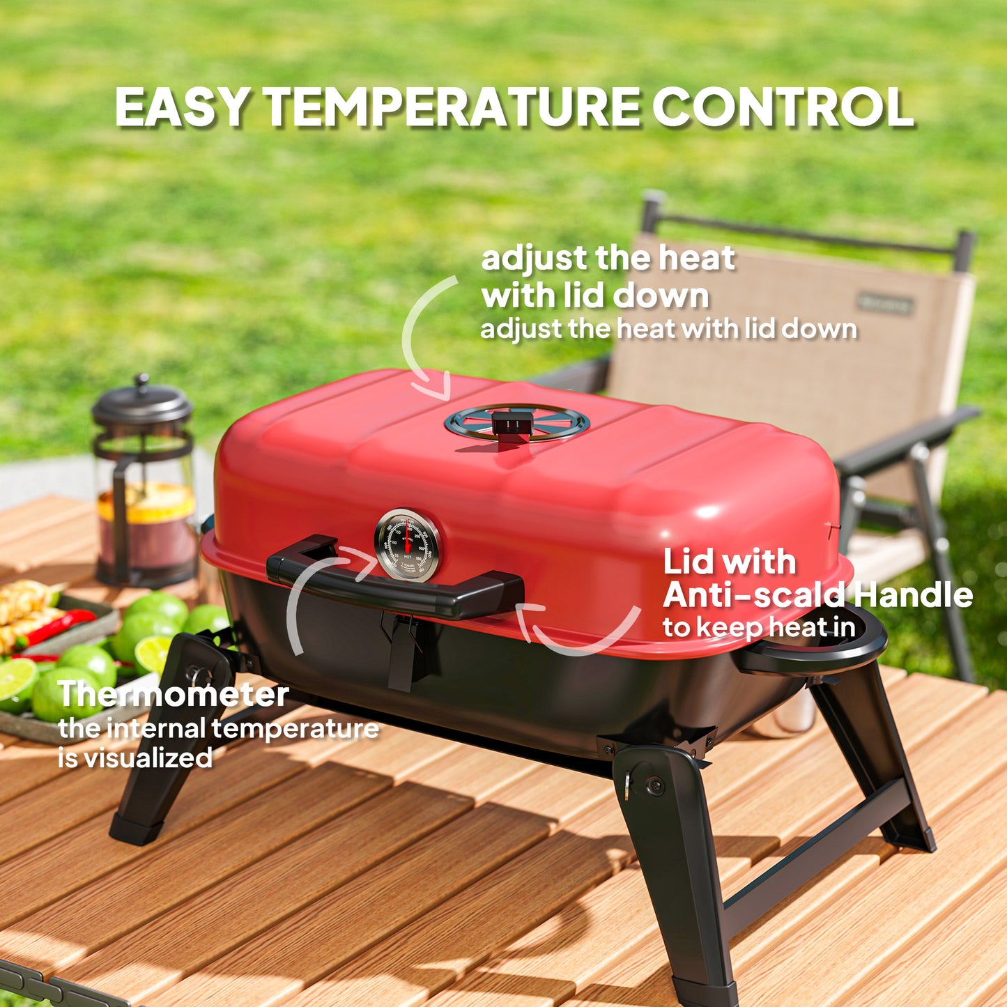 Charcoal Barbecue Grill Folding BBQ Grill with 1232 cm² Cooking Area