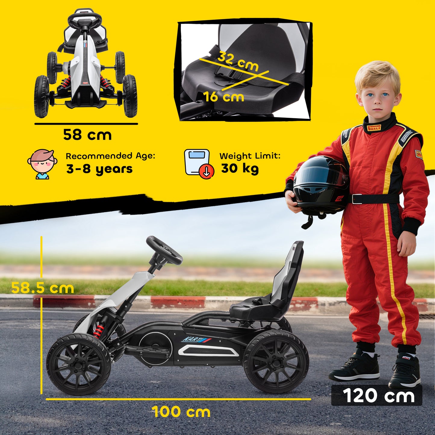 12V Electric Go-Kart for Kids, Ride-On Racing Go-Kart