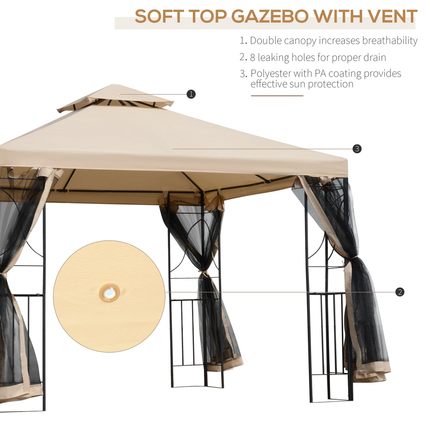 3(m) x 3(m) Garden Gazebo, Double Roof Outdoor Gazebo Canopy Shelter