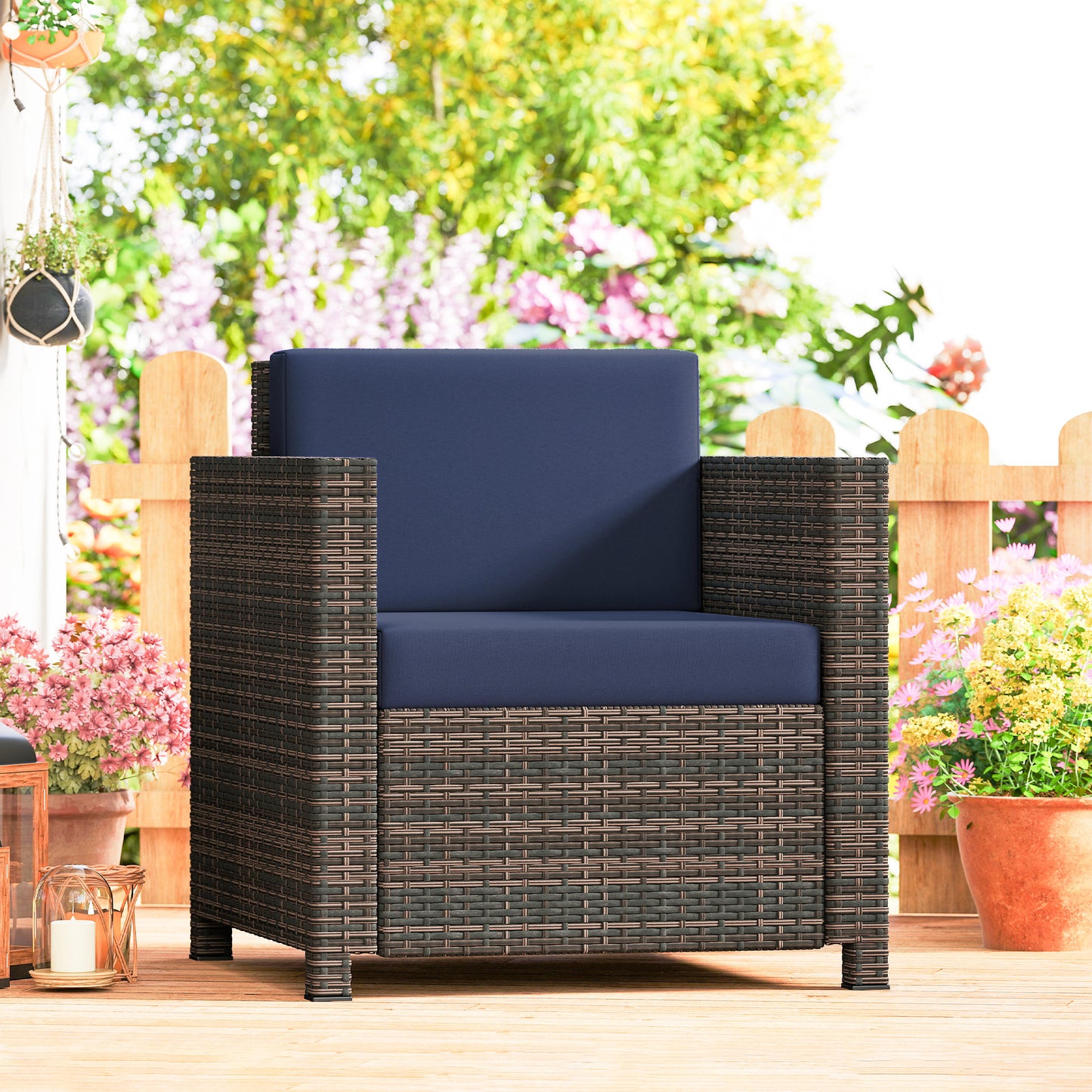 PE Rattan Garden Armchair with Cushion - Mixed Brown/Navy