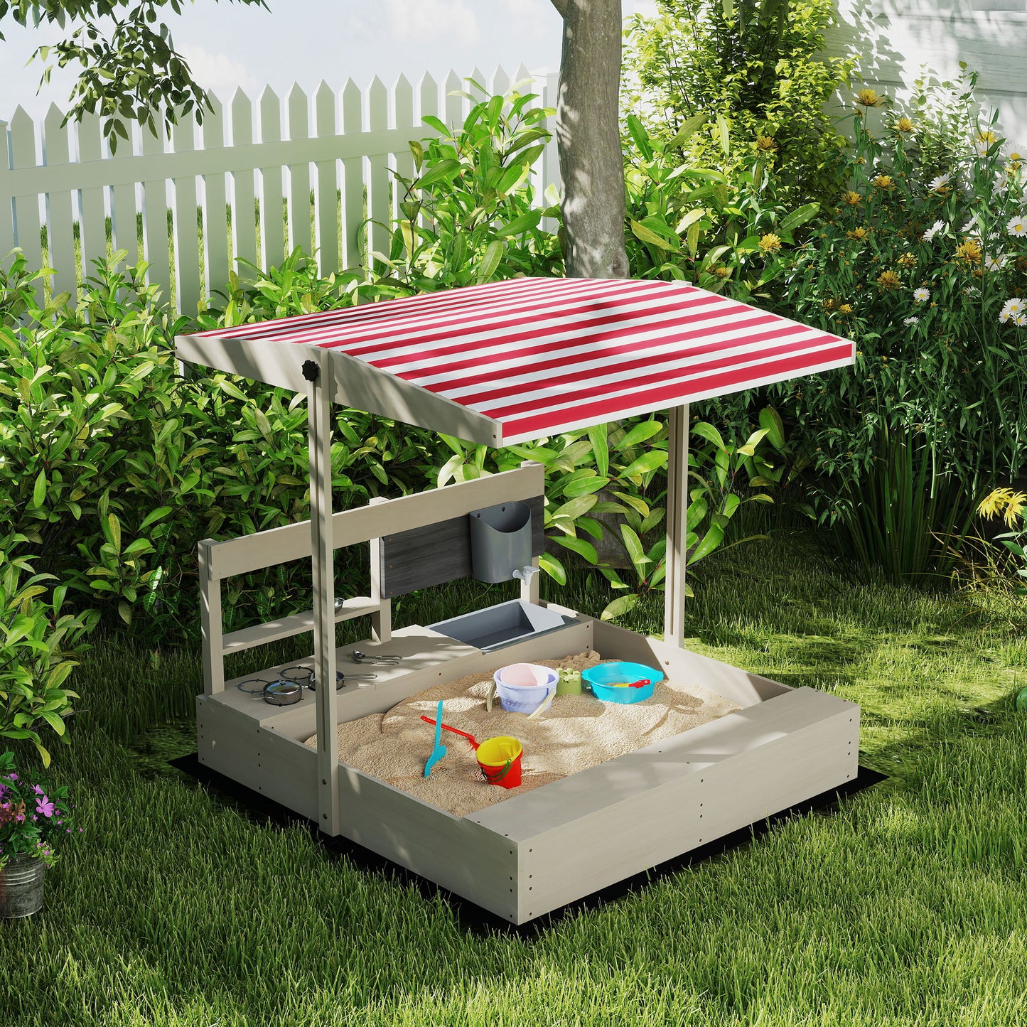 Kids Wooden Sandbox w/ Canopy, Kitchen Toys, Seat, Storage
