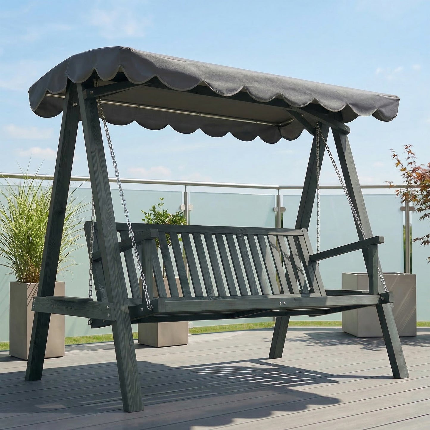 3 Seater Garden Swing Seat with Canopy, Wooden Swing Chair