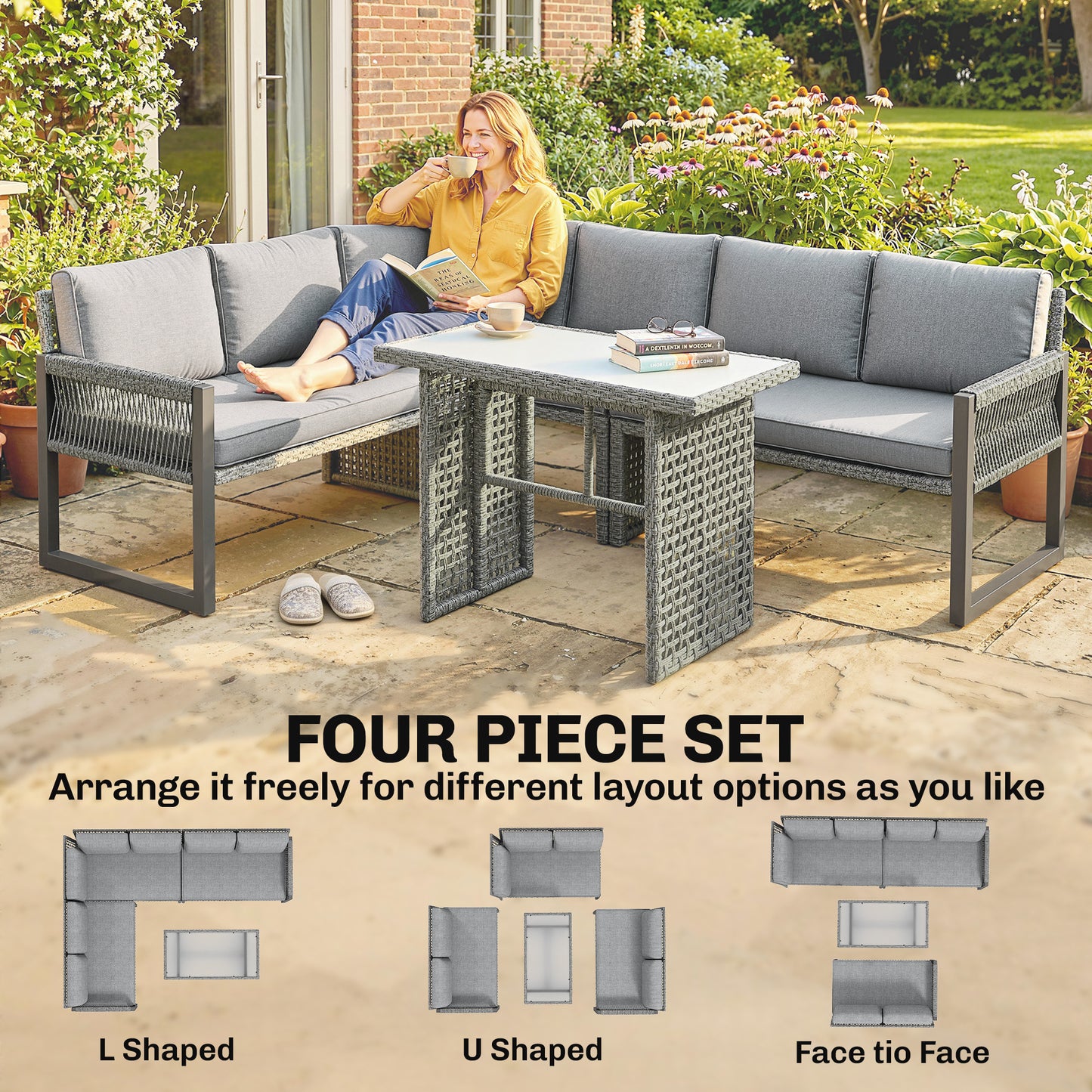 6 Seater Rattan Garden Furniture Set with 3 Loveseats, Table