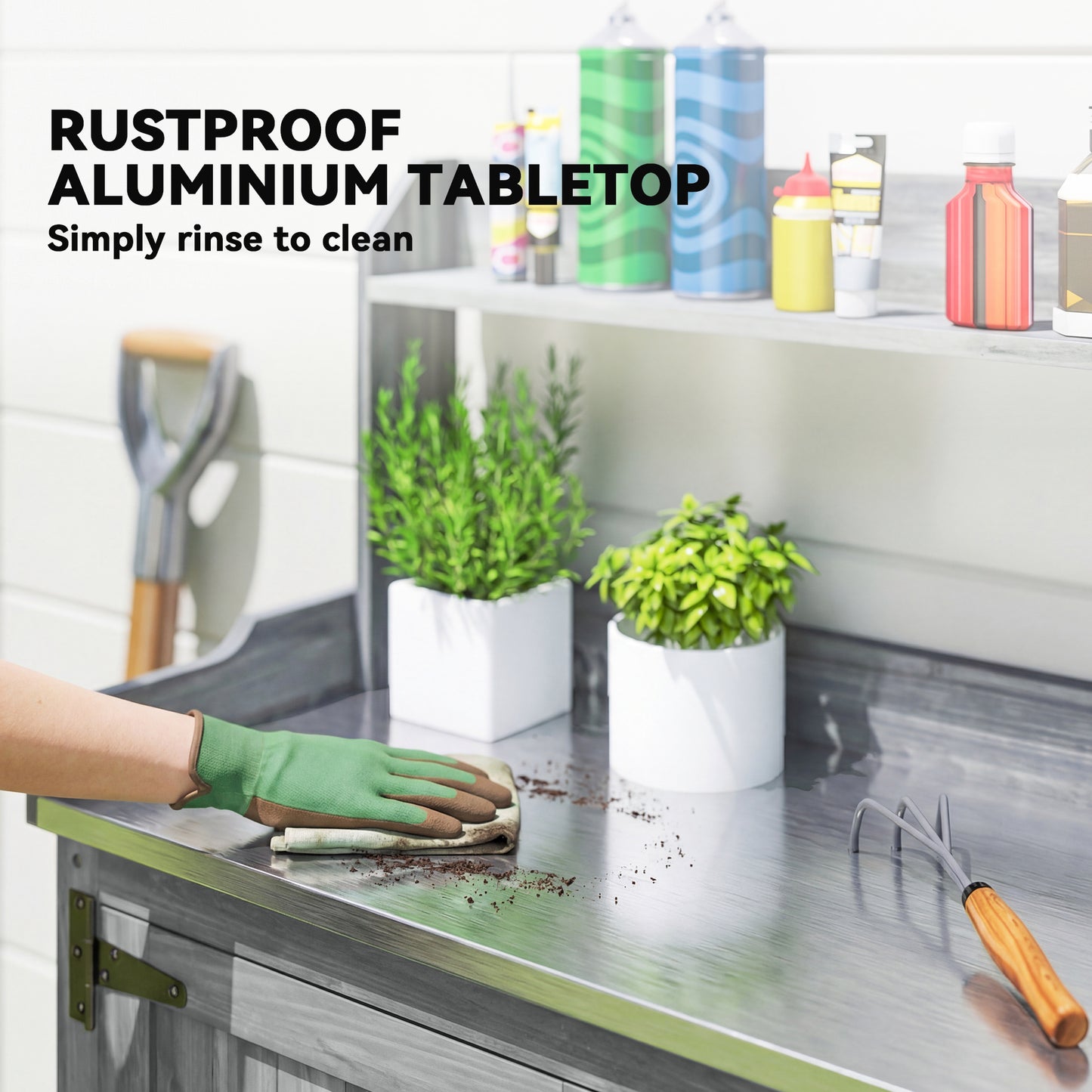 Wooden Potting Bench Table with Aluminium Worktop