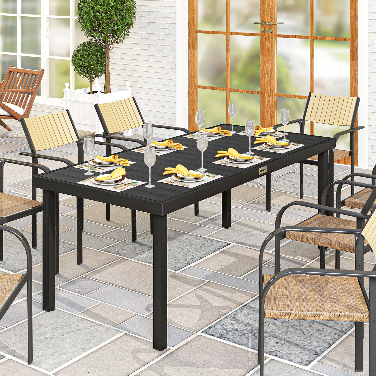 Aluminium Outdoor Garden Dining Table for 8 People, Faux Wood Top (1)