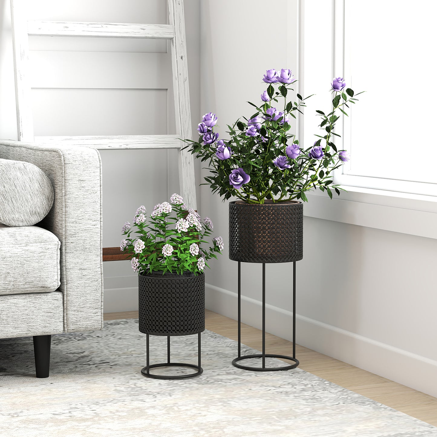 Metal Plant Pots Set of 2 with Hollow Design Flower Planters