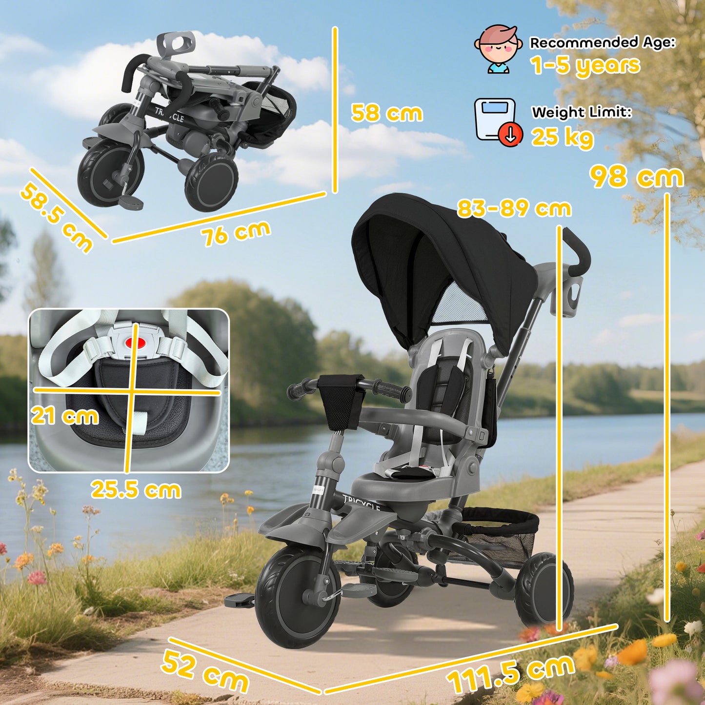 6 in 1 Foldable Kids Trike with Adjustable Parent Handle & Canopy