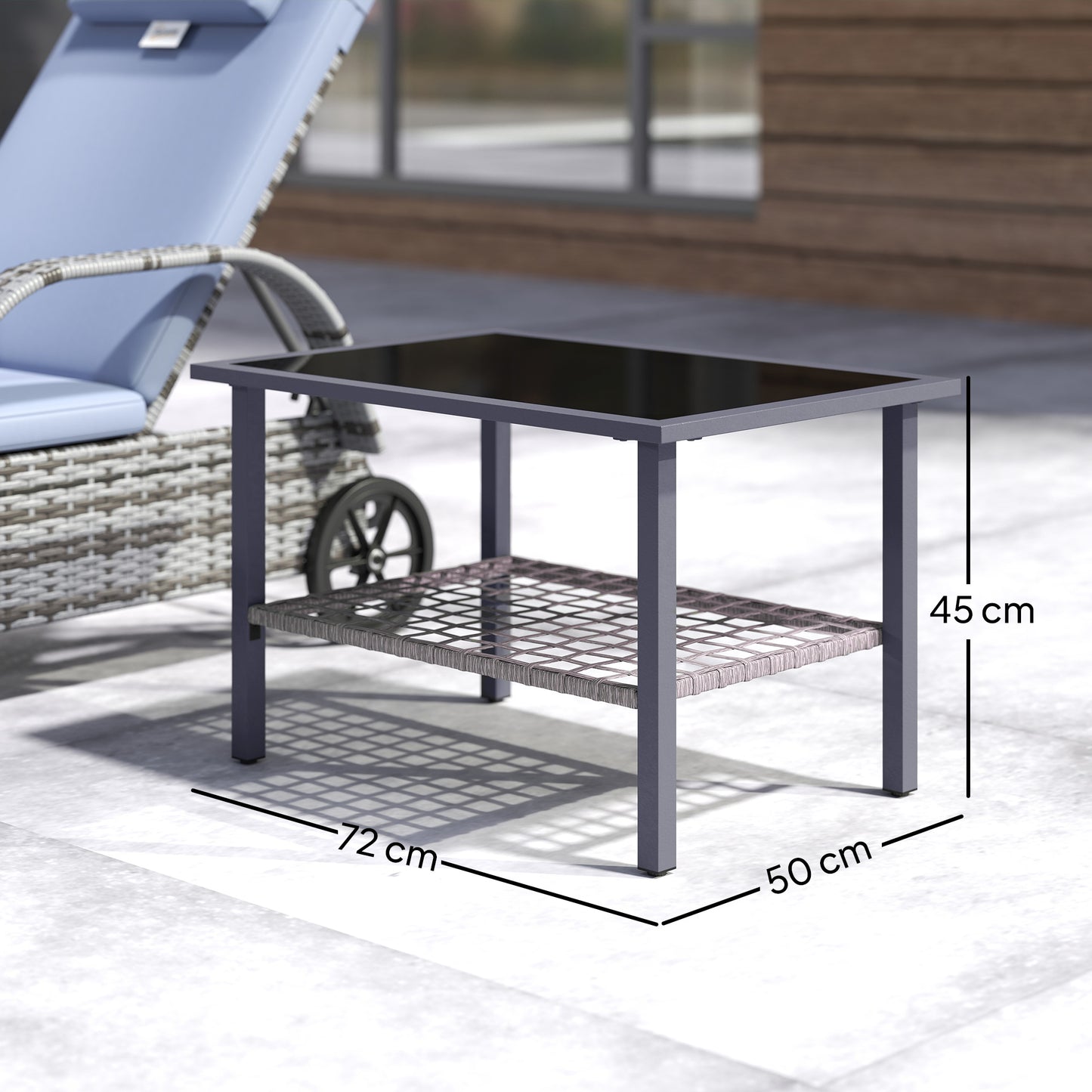 Outdoor Rattan Coffee Table with Tempered Glass Top, Storage Shelf
