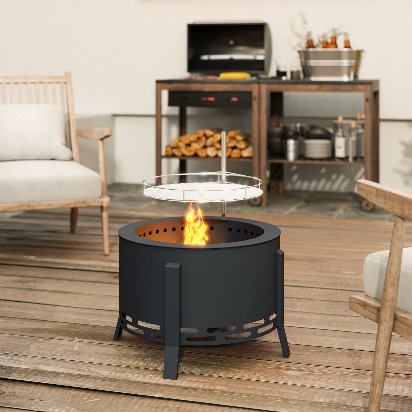 Portable Fire Pit, 58 cm Round Firepit with Grill Grate