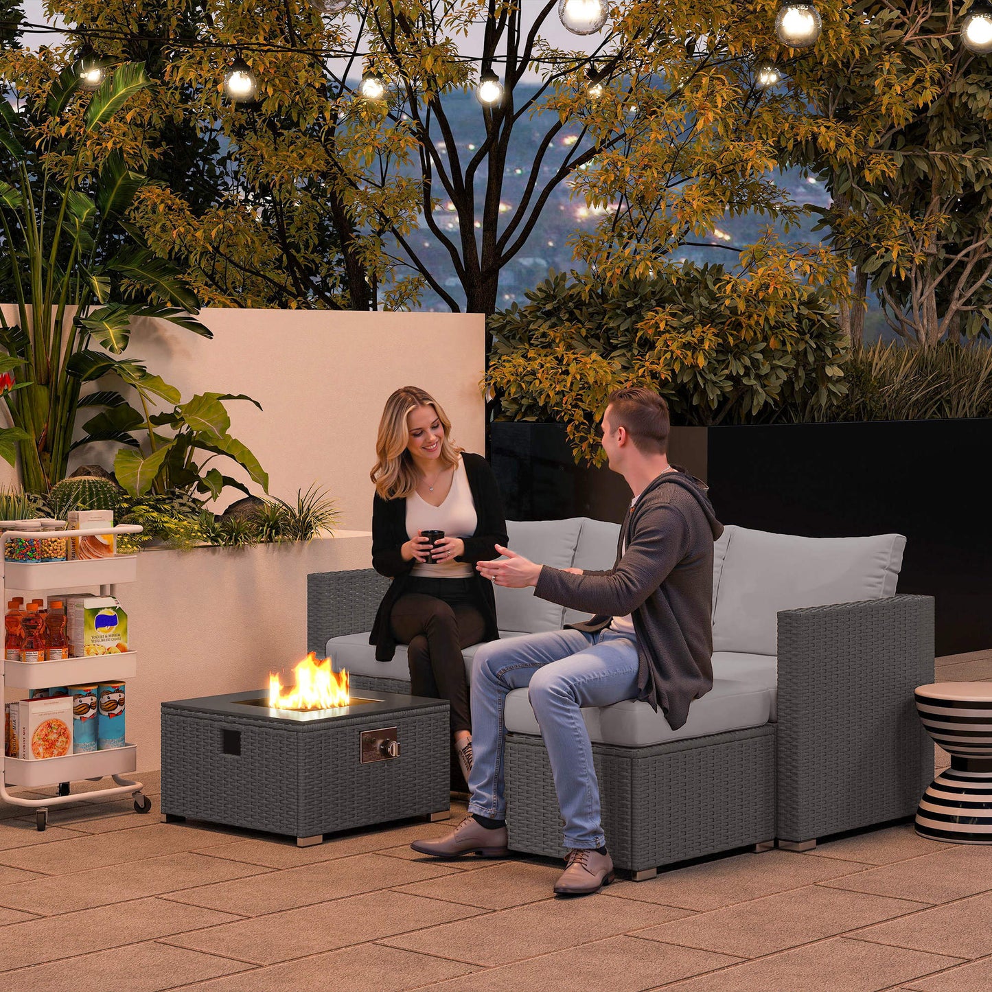 Five Piece Rattan Garden Furniture Set with Gas Fire Pit Table