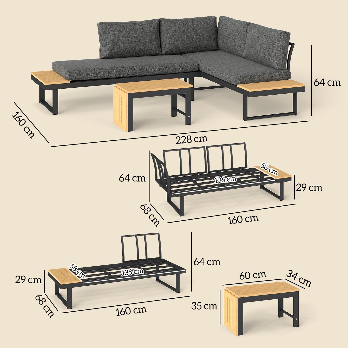 4 Seater L Shaped Aluminium Sectional Garden Furniture Set