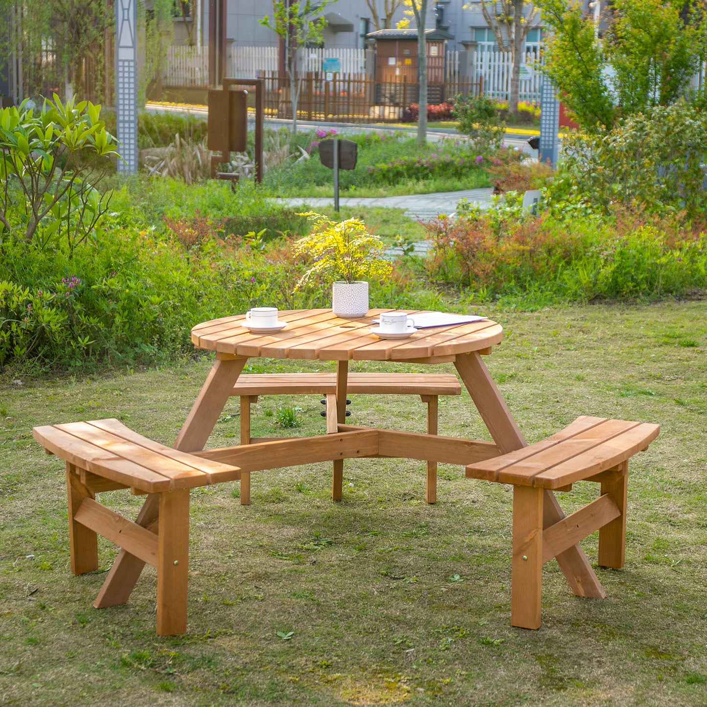 Wooden Garden Dining Set, 6 Seater Round Dining Picnic Table