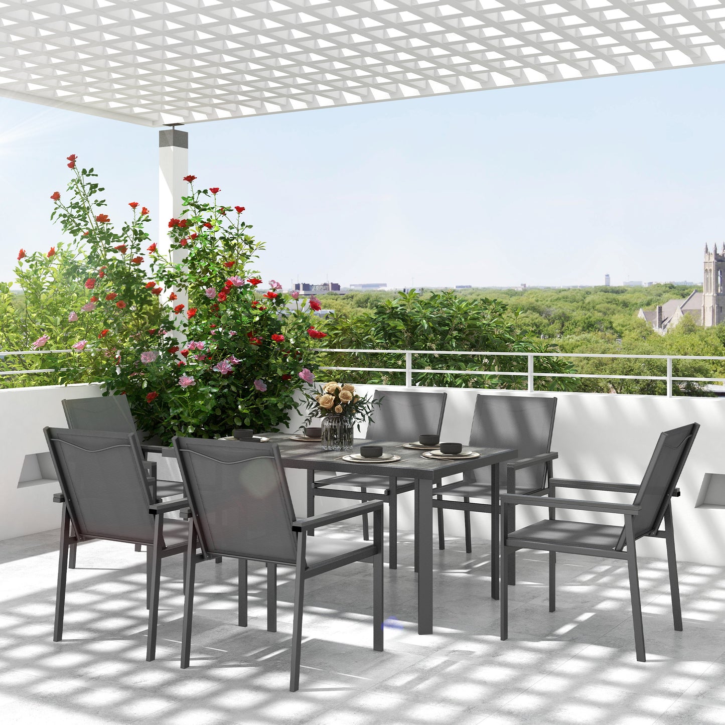 Seven-Piece Metal Dining Set, with Glass-Top Table