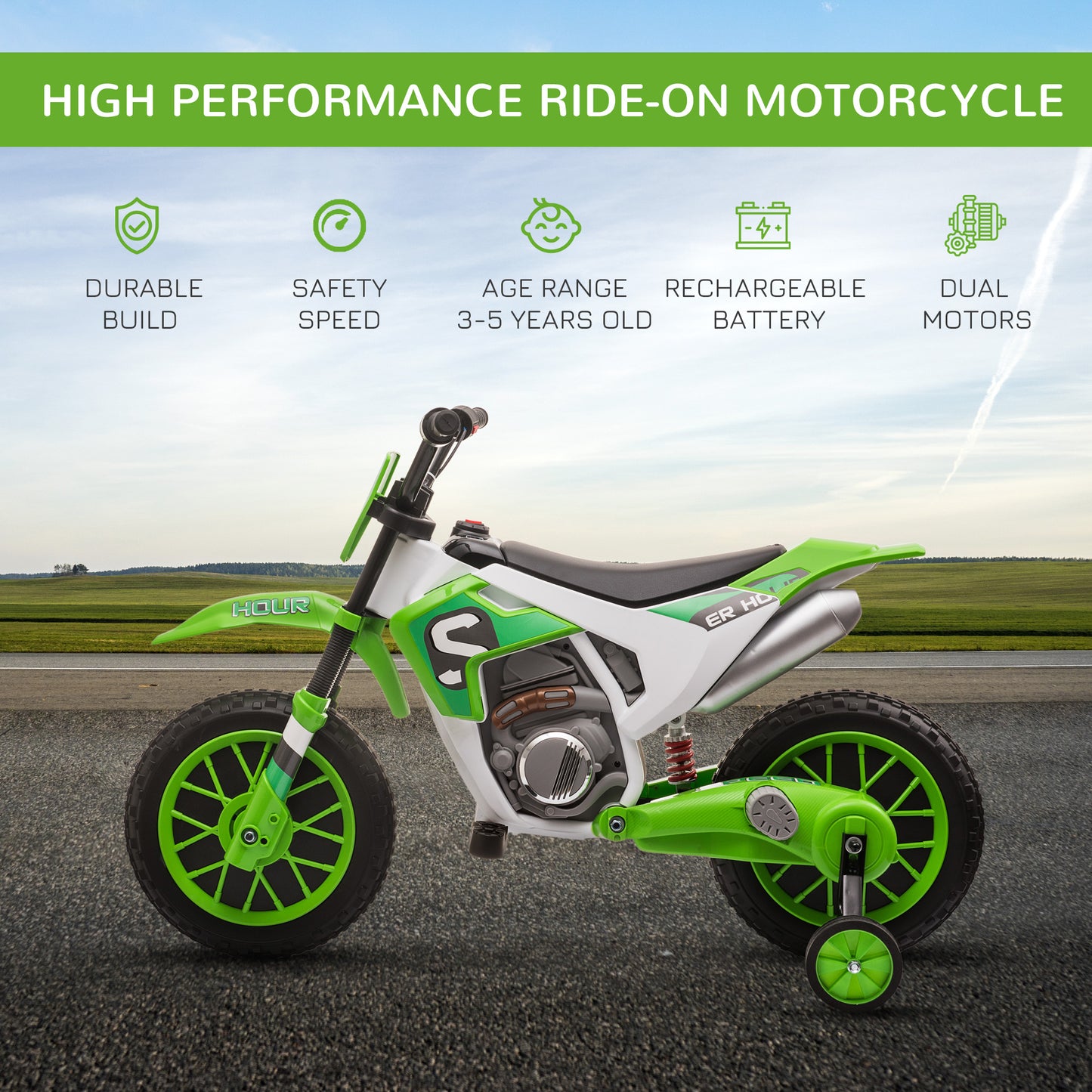 12V Kids Electric Motorcycle Ride-On, with Training Wheels