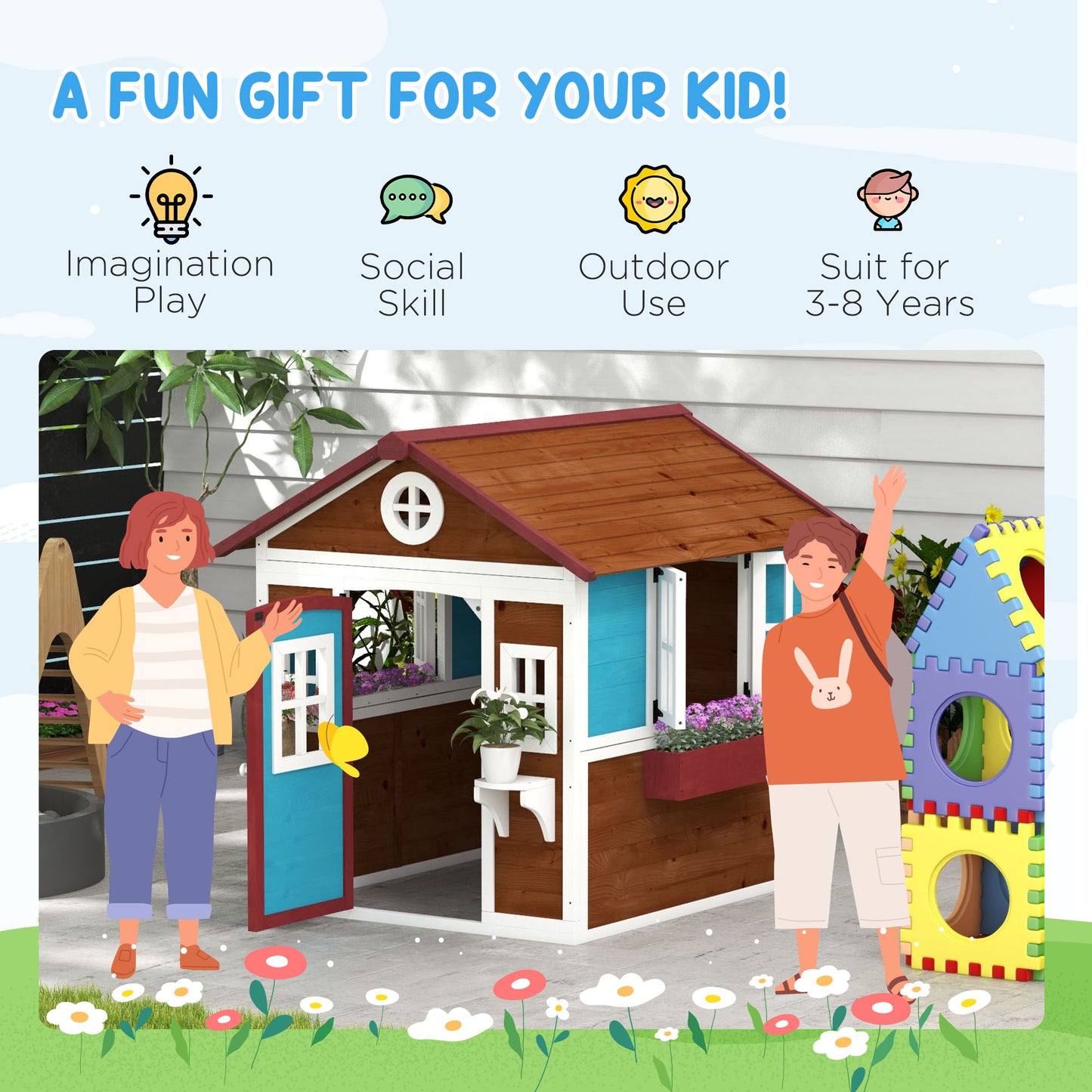 Wooden Playhouse with Doors, Windows, Plant Pots, Boxes, for 3-8 Years