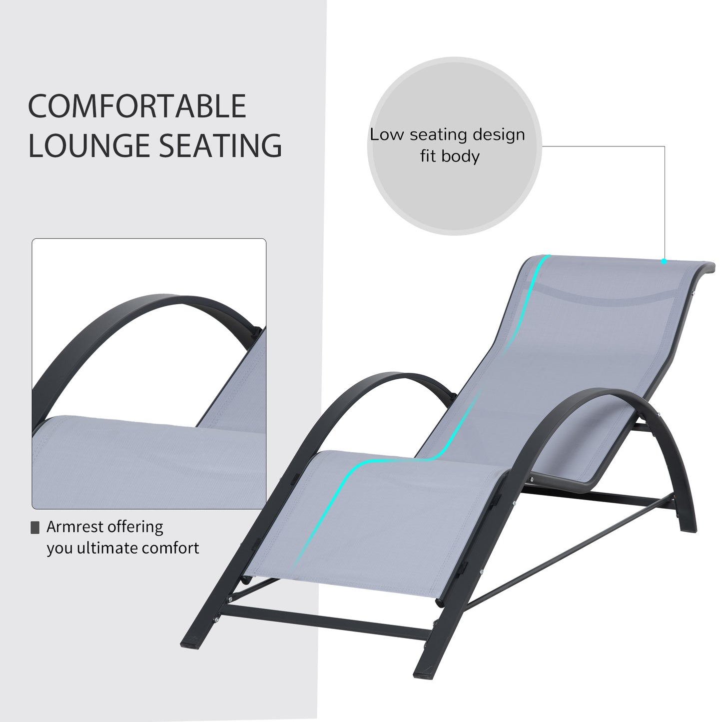 3 Pieces Lounge Chair Set Metal Frame Garden Outdoor Recliner