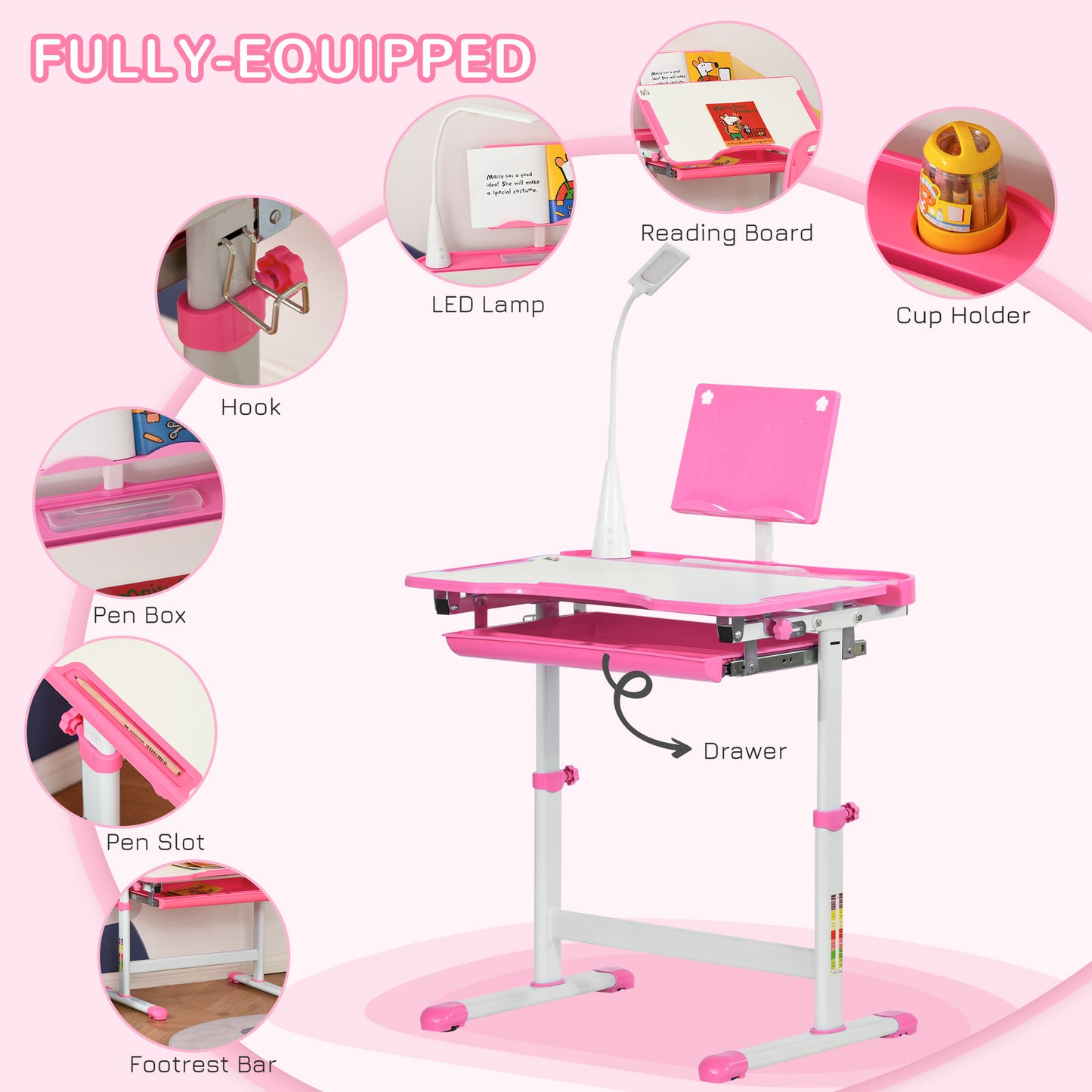 Kids Study Desk and Chair Set w/ Adjustable Height, Storage, Drawer