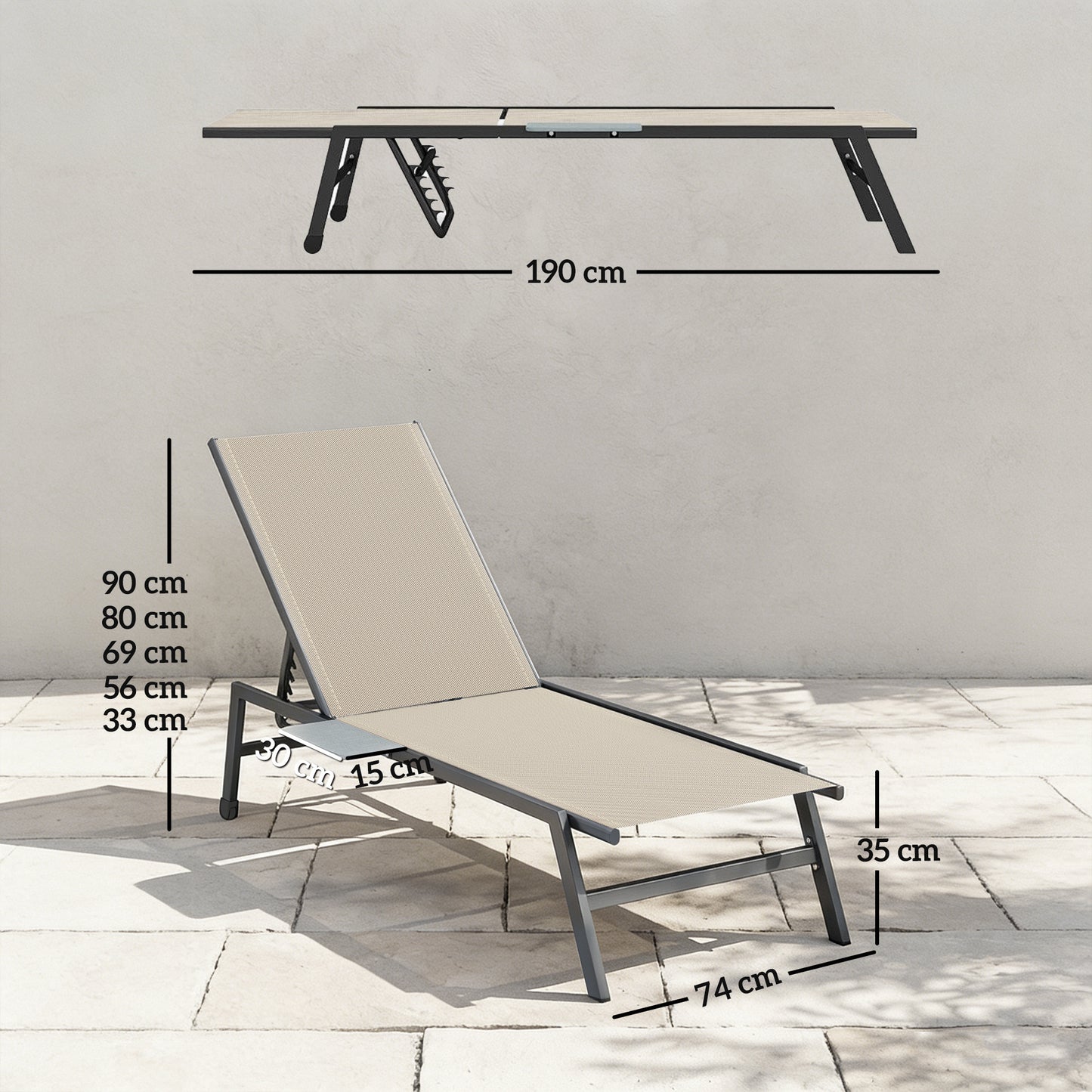 Sun Loungers Set of 2 with Side Tray Table