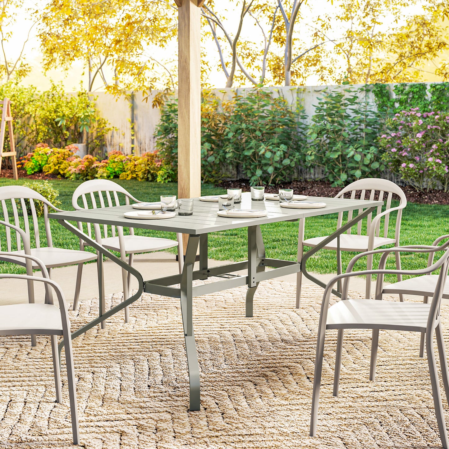 Rectangle Garden Table with Parasol Hole, Outdoor Dining Table for 6