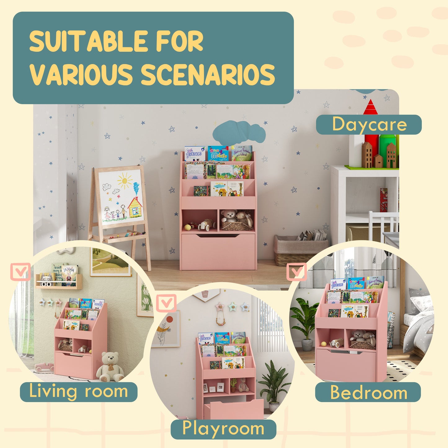 Kids Bookshelf, Toy Organiser, with Storage Drawer, Wheels
