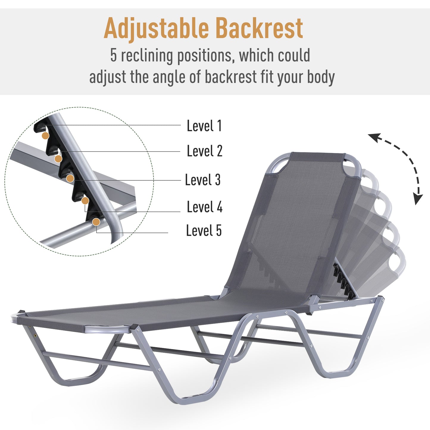 Sun Lounger Relaxer Recliner w/ 5-Position Adjustable Backrest Pool