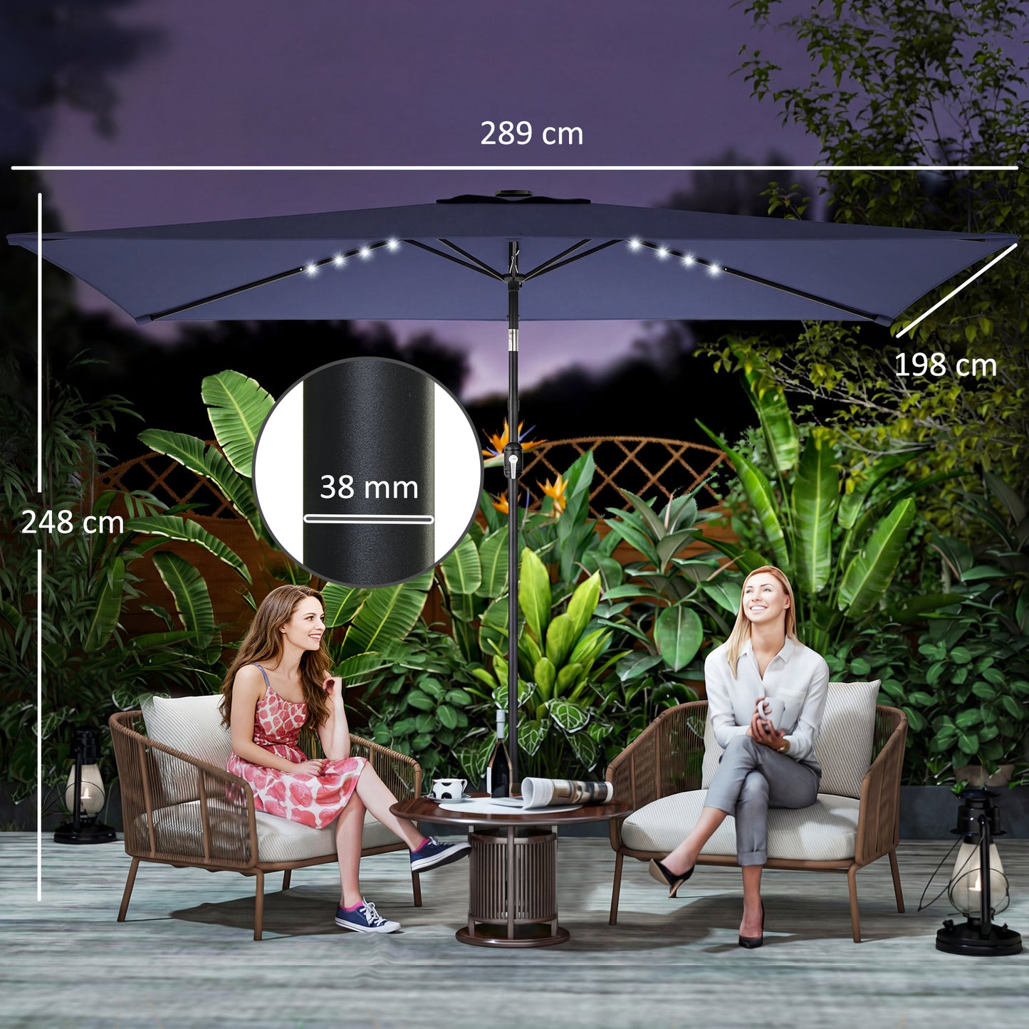 3 x 2 m Garden Parasol Umbrella with LED Solar Light, Parasol Cover
